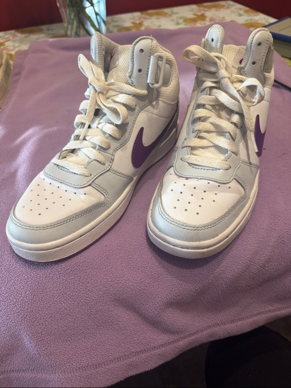 Nike Kids White High-Top Sneakers with Purple Swoosh